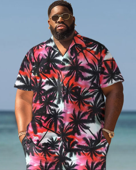 Men's Plus Size Hawaiian Coconut Tree Gradient Print Shirt Shorts Suit