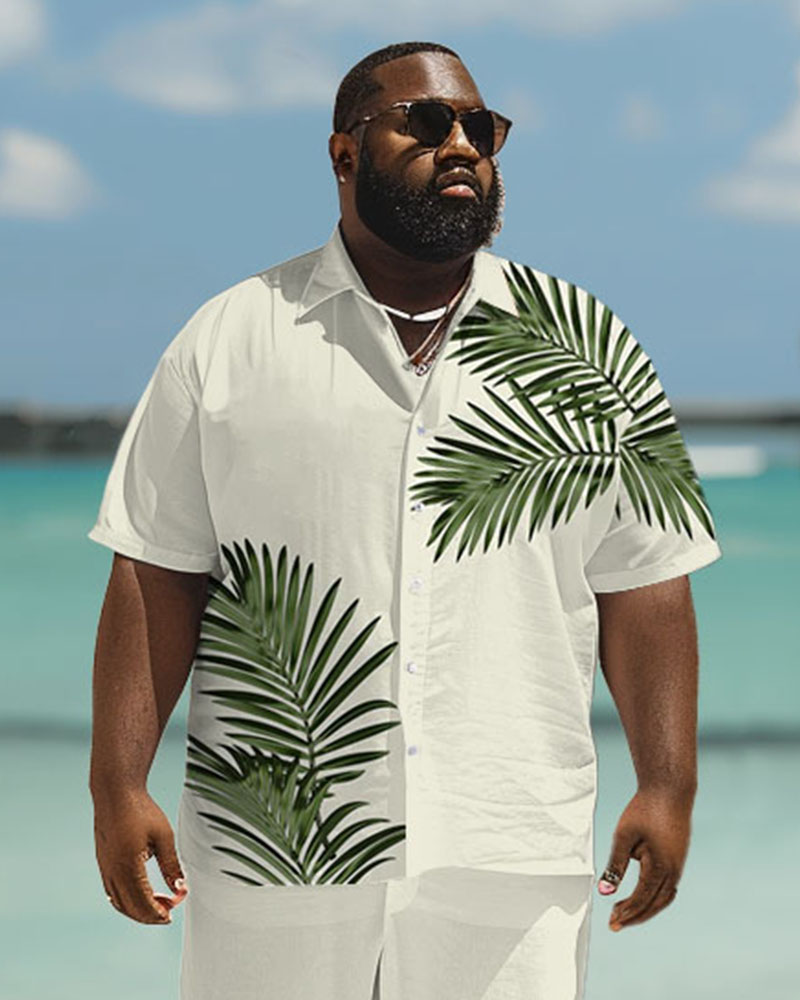 Men's Plus Size Hawaiian Palm Leaf Print Short Sleeve Shirt Trousers Suit