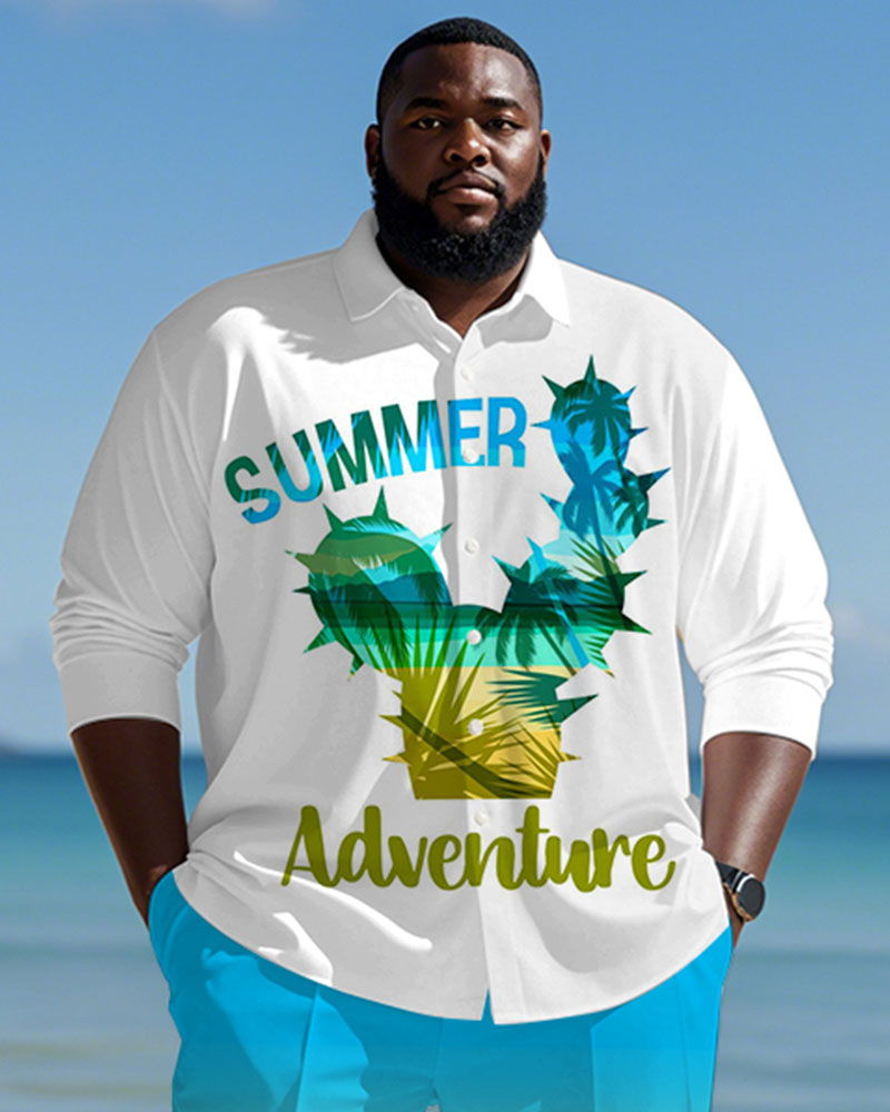 Men's Plus Size Hawaiian Cactus Summer Adventure Gradient Alphabet Print Long Sleeve Shirt Trousers Suit