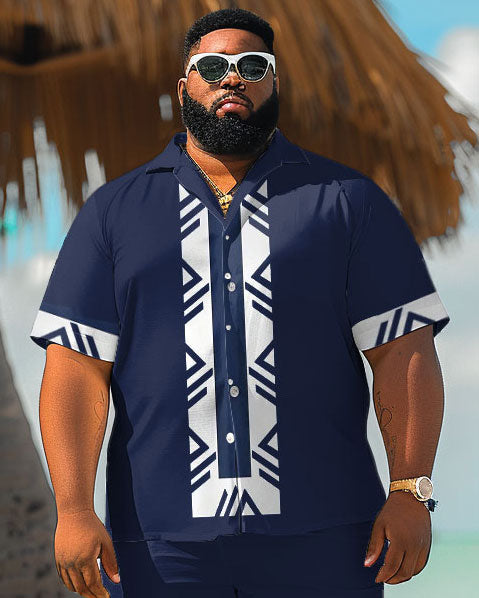 Men's Plus Size Hawaiian Cuff Patchwork Print Shirt Shorts Set