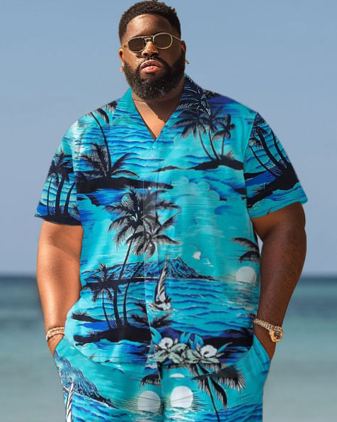 Big Guys Hawaiian Seaside Coconut Tree Print Shirt Shorts Set