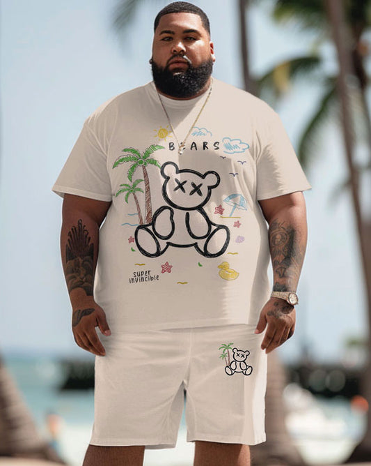 Men's Plus Size Hawaiian Coconut Bear Alphabet Print T-Shirt Shorts Set