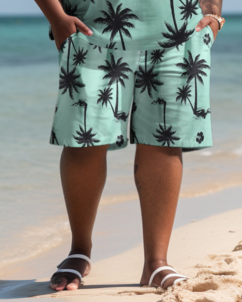 Hawaiian Coconut Tree Pattern Colorblock Shorts Men's Plus Size Set