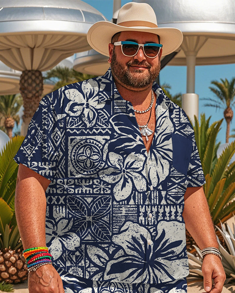 Men's Plus Size Hawaiian Aztec Apricot Ethnic Print Shirt Shorts Suit