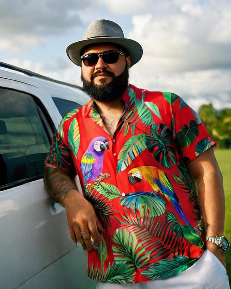 Men's Plus Size Hawaiian Red Parrot Leaf Print Short Sleeve Shirt