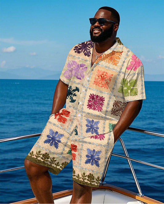 Men's Plus Size Hawaiian Colorful Patchwork Graffiti Print Shirt Shorts Suit