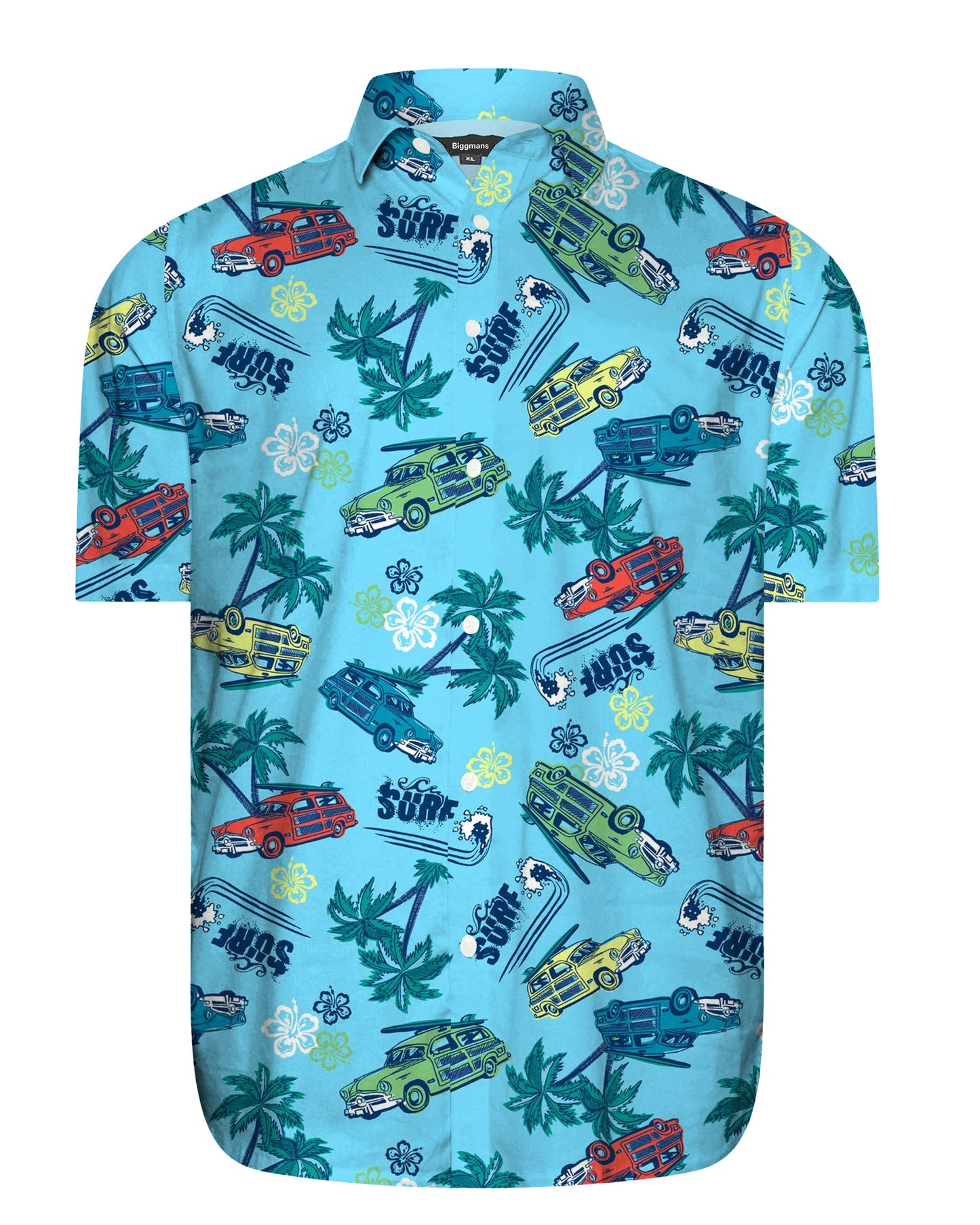 Men's Plus Size Shawat Coconut Tree & Car Pattern Short Sleeve Shirt