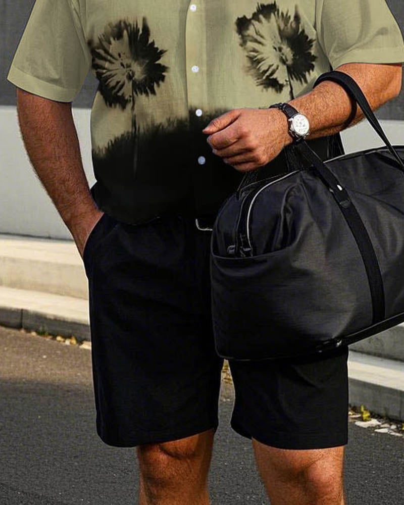 Men's Plus Size Flower Khaki & Black Printed Short Sleeve Shirt Shorts Suit