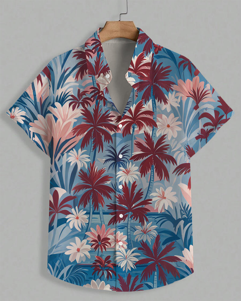 Men's Plus Size Hawaiian Blue Coconut Floral Print Short Sleeve Shirt