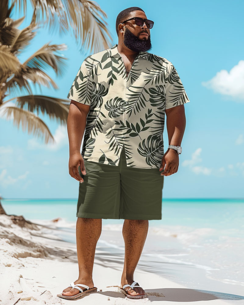 Men's Plus Size Hawaiian Tropical Leaf Print Green Shirt Shorts Set