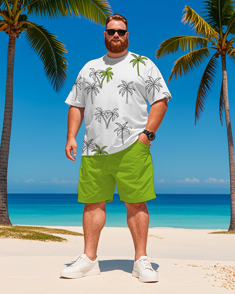 Men's Plus Size Hawaiian Green Coconut Tree Print T-Shirt Shorts Suit