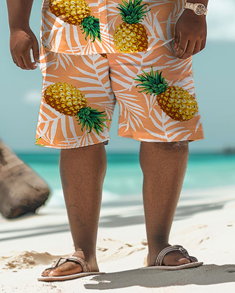 Men's Plus Size Hawaiian Palm Leaf Pineapple Print Shirt Shorts Suit