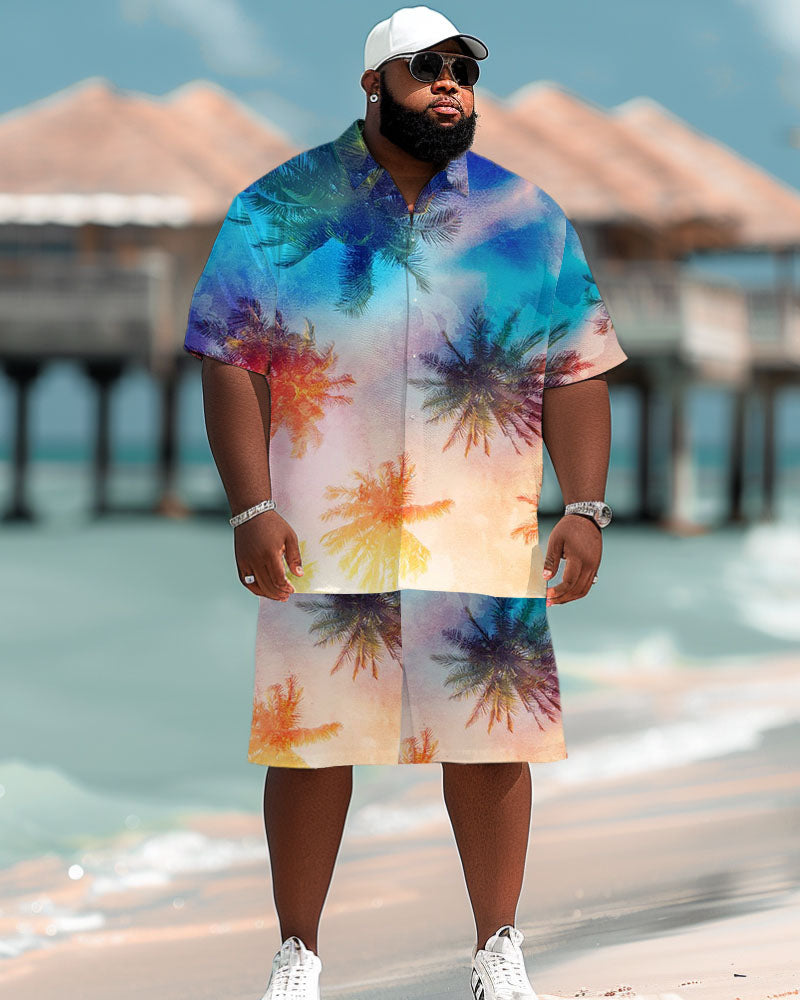 Men's Plus Size Hawaiian Gradient Coconut Tree Print Short Sleeve Shirt Shorts Suit