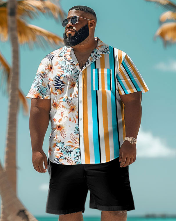 Men's Plus Size Hawaiian Floral Stripe Printed Pocket Shirt Shorts Suit