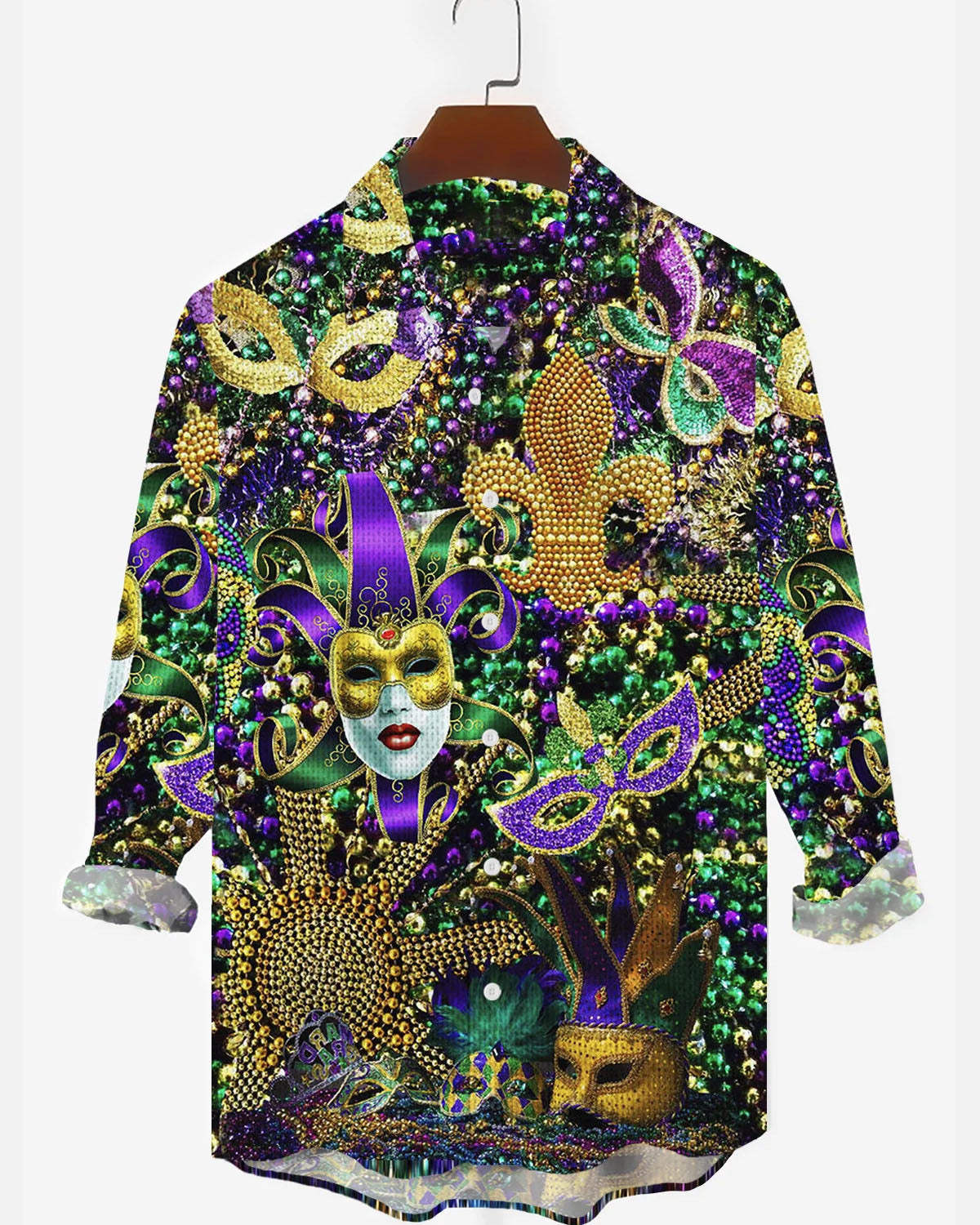 Men's Plus Size Mardi Gras Mask Pearl Print Long Sleeve Shirt