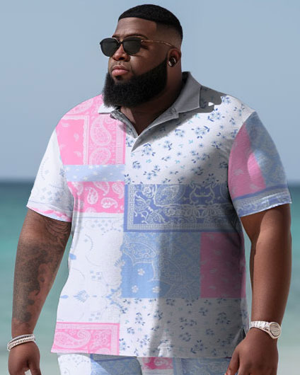 Men's Plus Size Seaside Hawaiian Peris Pattern Polo Shirt and Shorts Two-piece Set