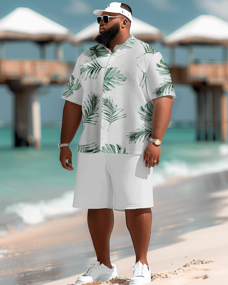 Men's Plus Size Hawaiian Tropical Leaf Print Short Sleeve Shirt Shorts Suit