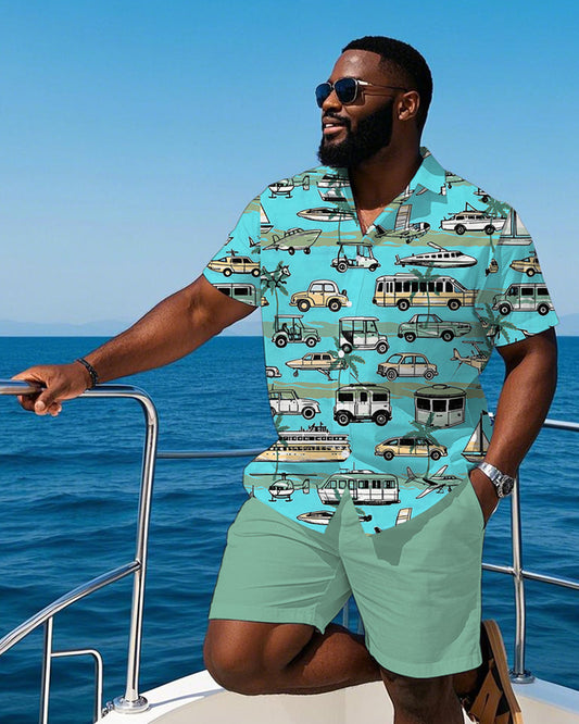 Men's Plus Size Hawaiian Blue Coconut Stripe Vintage Sailing Car Print Short Sleeve Shirt