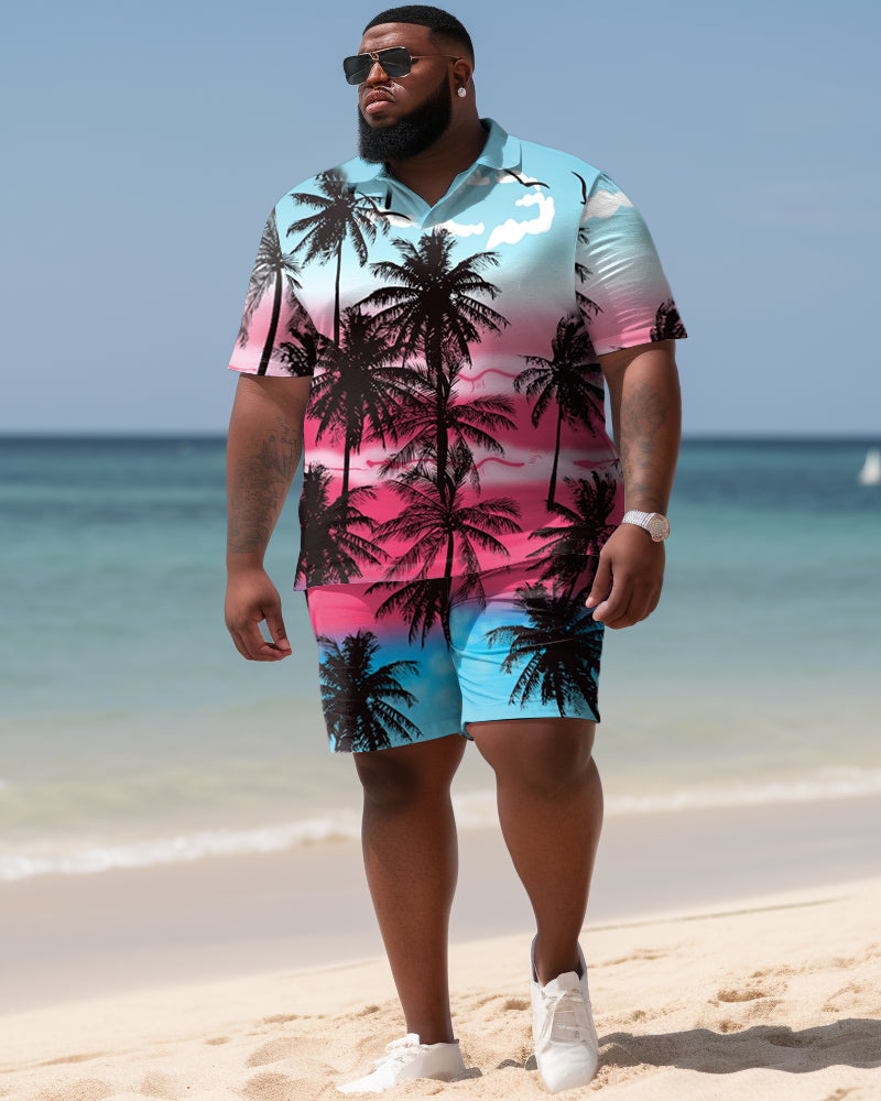 Hawaiian Coconut Gradient Polo Shirt and Shorts Two-Piece Men's Plus Size Set