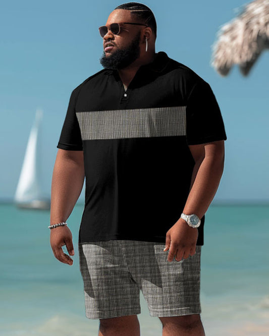 Men's Plus Size Casual Simple Stitching Plaid Print Polo Shorts Set