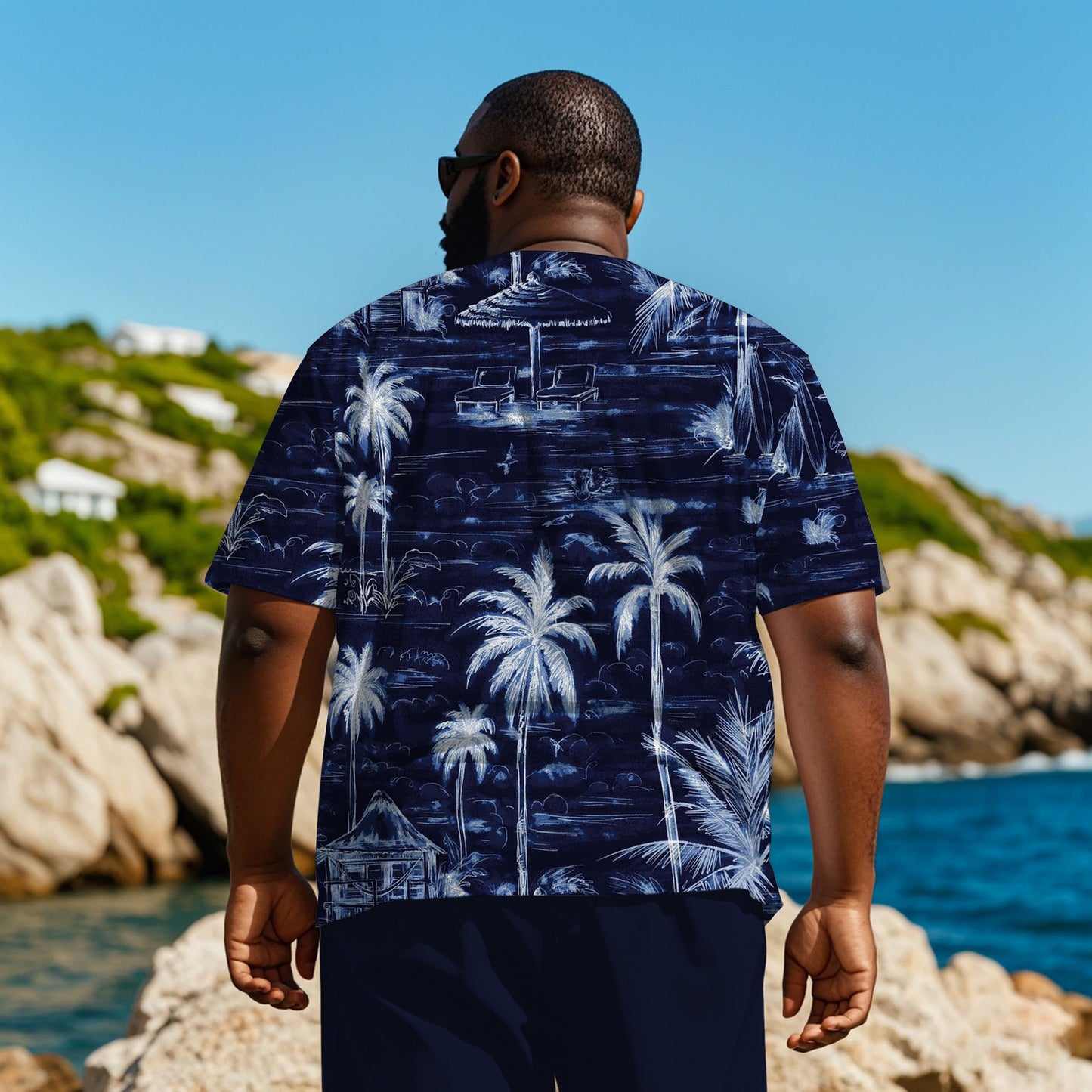 Plus Size Men's Royal Blue Full Print Coconut Tree Print T-Shirt Shorts Suit