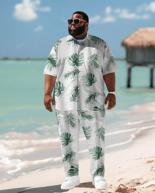 Men's Plus Size Hawaiian Turtle Leaf Print Short Sleeve Shirt Trousers Suit