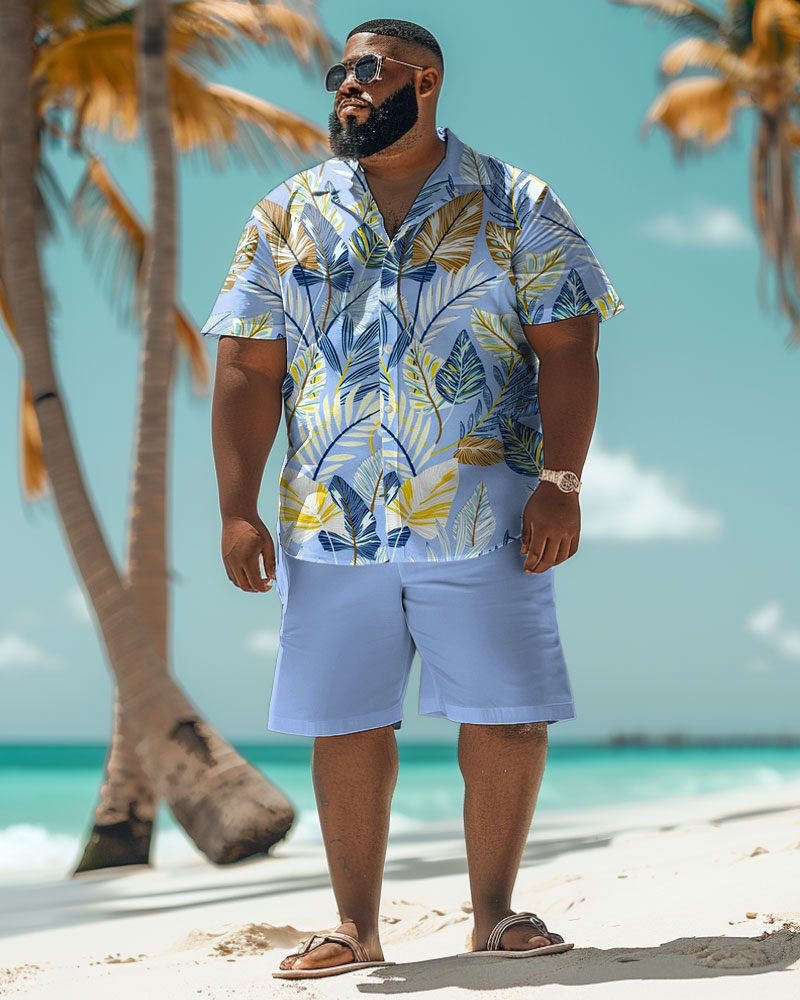 Men's Plus Size Hawaiian Blue Tropical Leaf Print Shirt Shorts Set