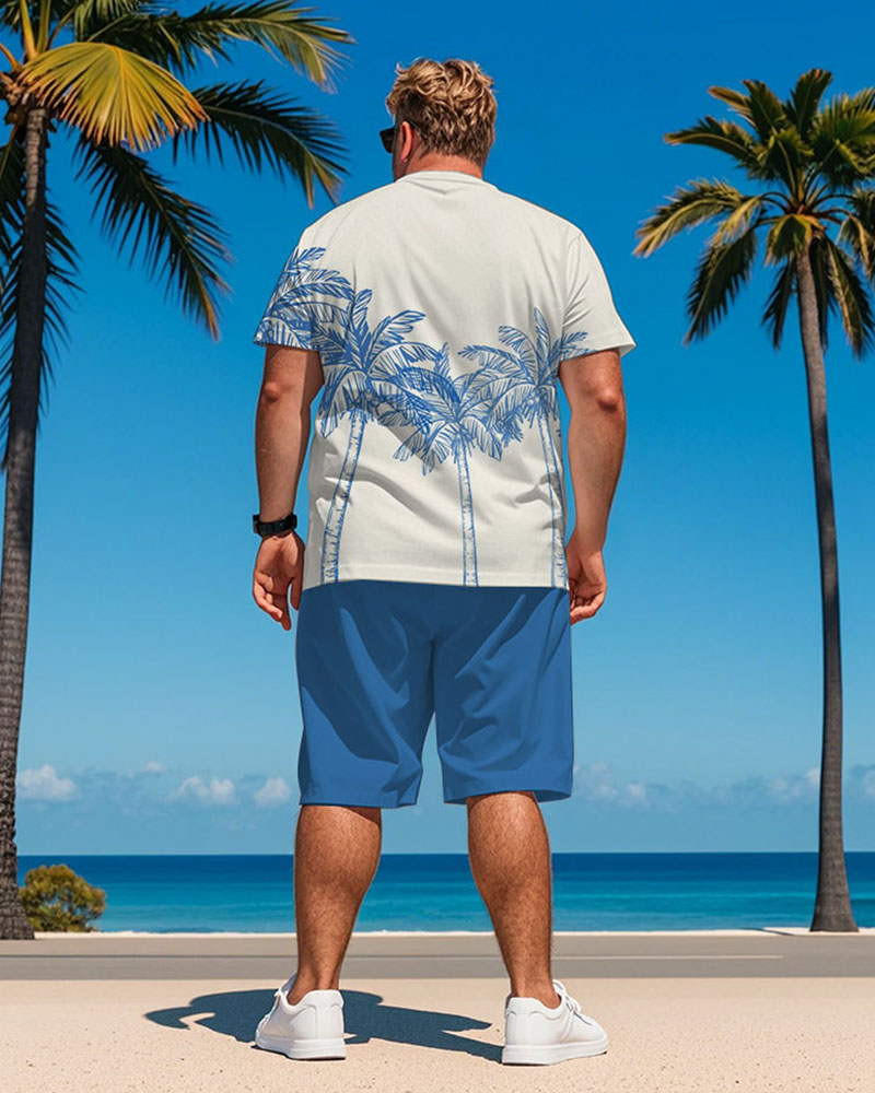 Men's Plus Size Hawaiian Blue Coconut Tree Print T-Shirt Shorts Suit