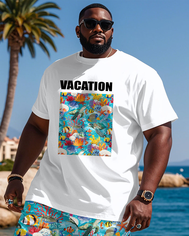 Plus Size Men's Vacation Underwater World Pattern Printed T-Shirt Shorts Suit