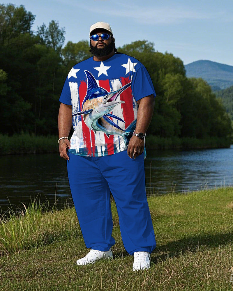 Men's Plus Size American Flag Sailfish Diving Print T-Shirt Trousers Suit