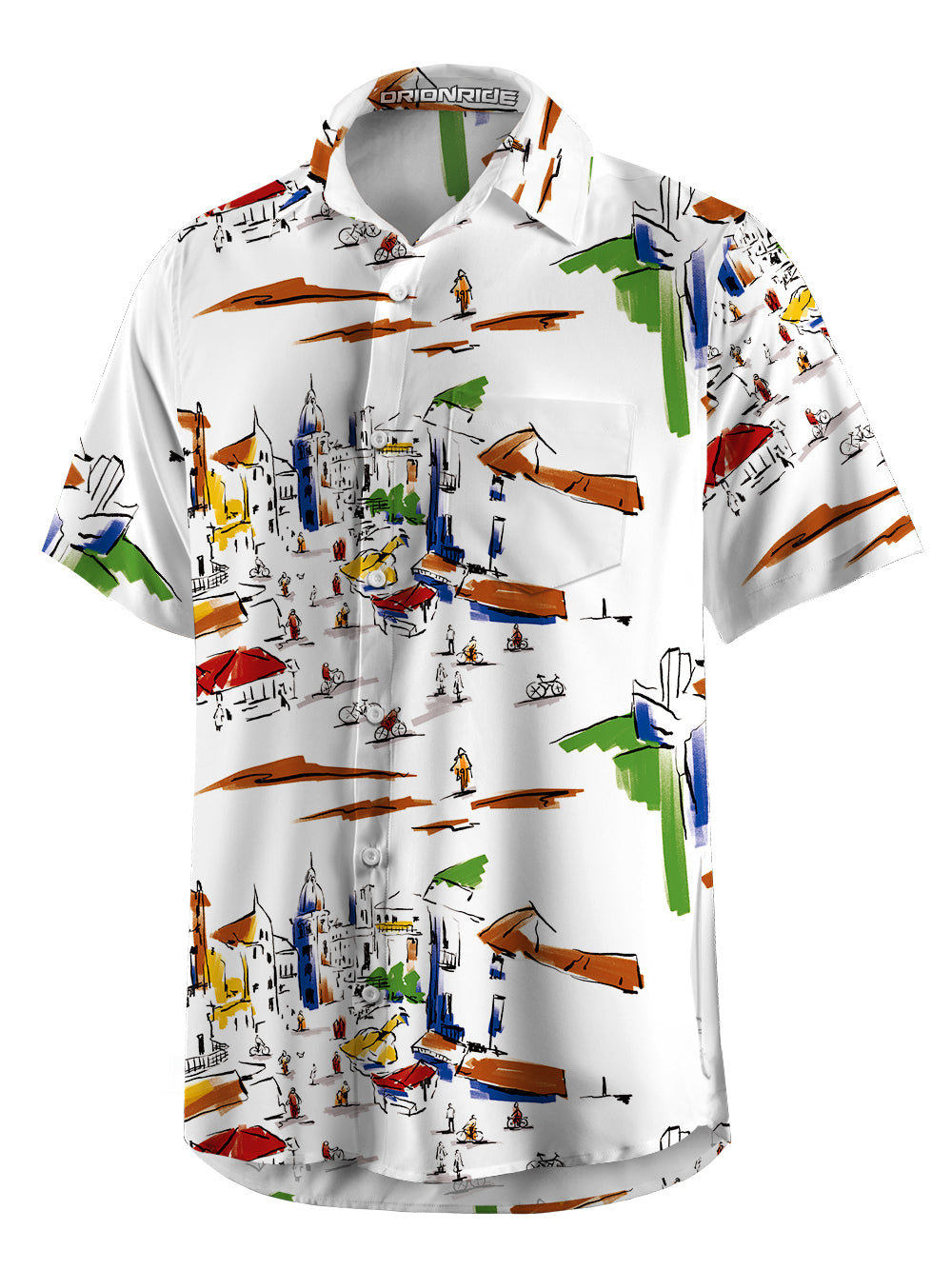 Orionride Short Sleeves Hand-painted Street Scene Zipper Pockets Ultra Lightweight Gravel Shirt