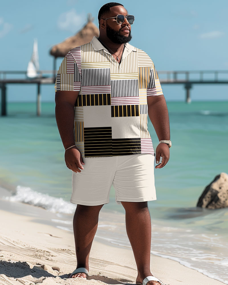 Men's Plus Size Casual Simple Geometric Print Polo Shorts Suit