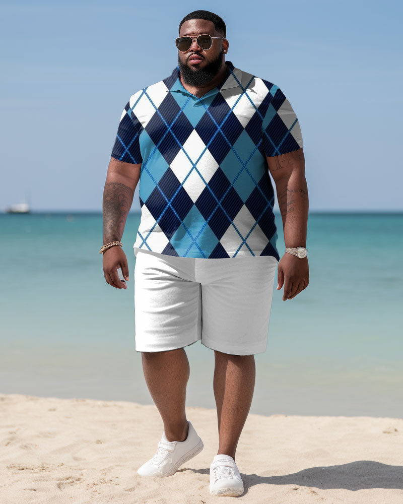 Men's Plus Size Check Print Short Sleeve Polo Shirt Shorts Set