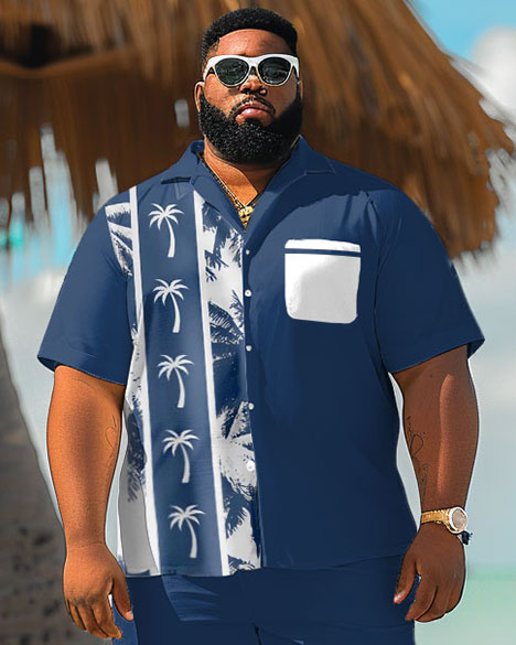 Men's Plus Size Hawaiian Colorblock Coconut Tree Print Pocket Shirt Shorts Suit