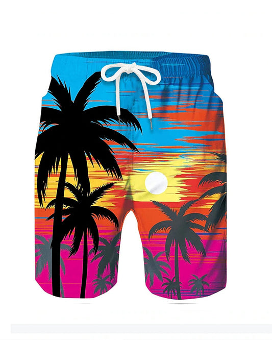 Beach Quick-drying Fabric Sunset Coconut Tree Swimming Trunks Men's Plus Size