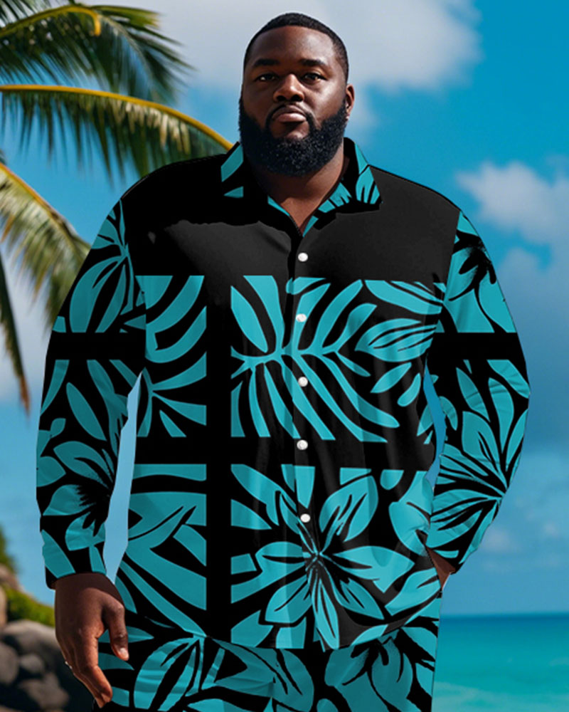 Men's Plus Size Hawaiian Palm Leaf Hysberry Flower Blue Print Long Sleeve Shirt Trousers Suit