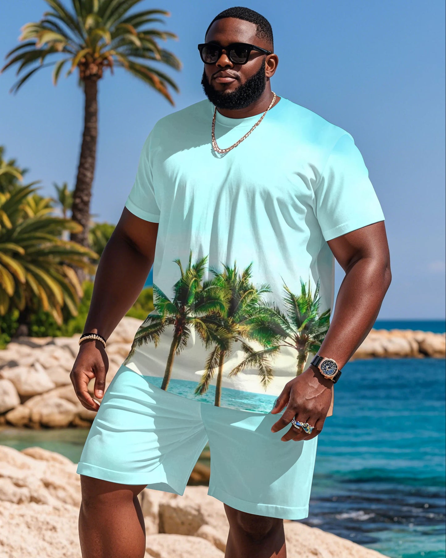 Plus Size Men's Vacation Hawaii Sea Color Printed T-Shirt Shorts Suit