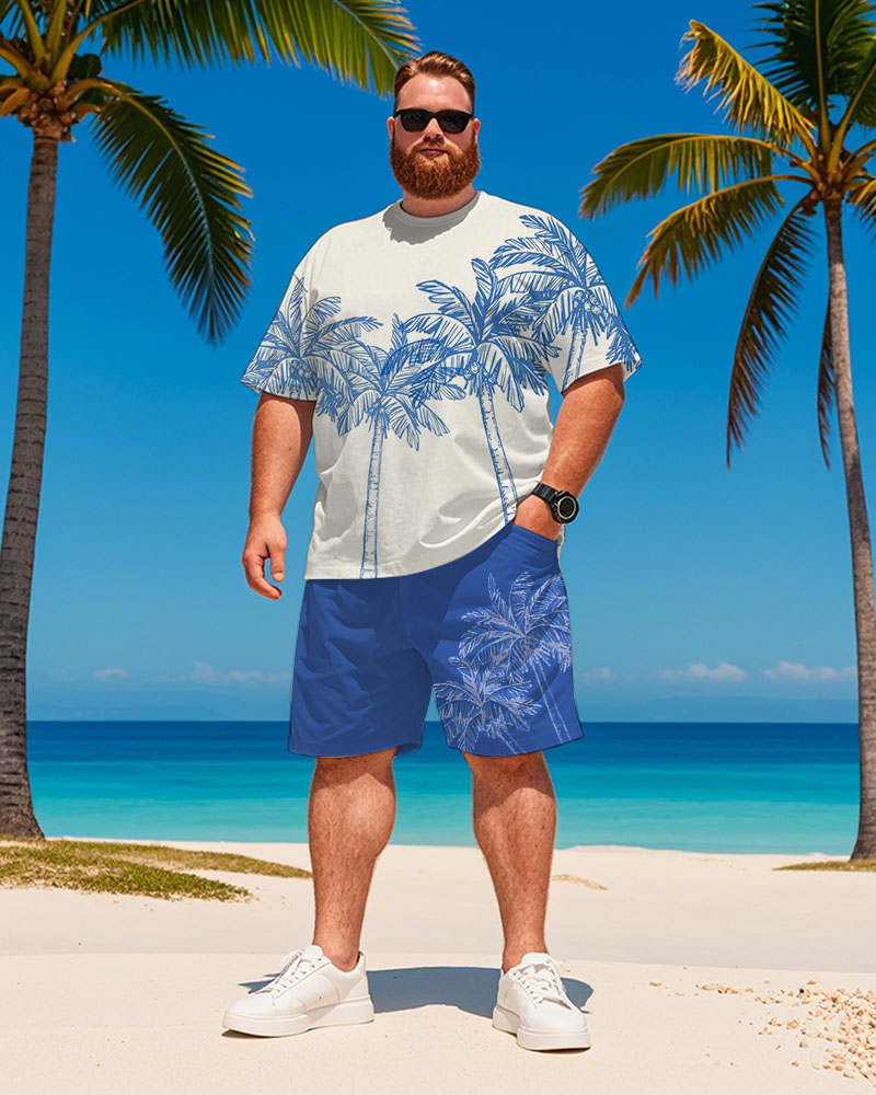 Men's Plus Size Hawaiian Blue Coconut Tree Print T-Shirt Shorts Suit