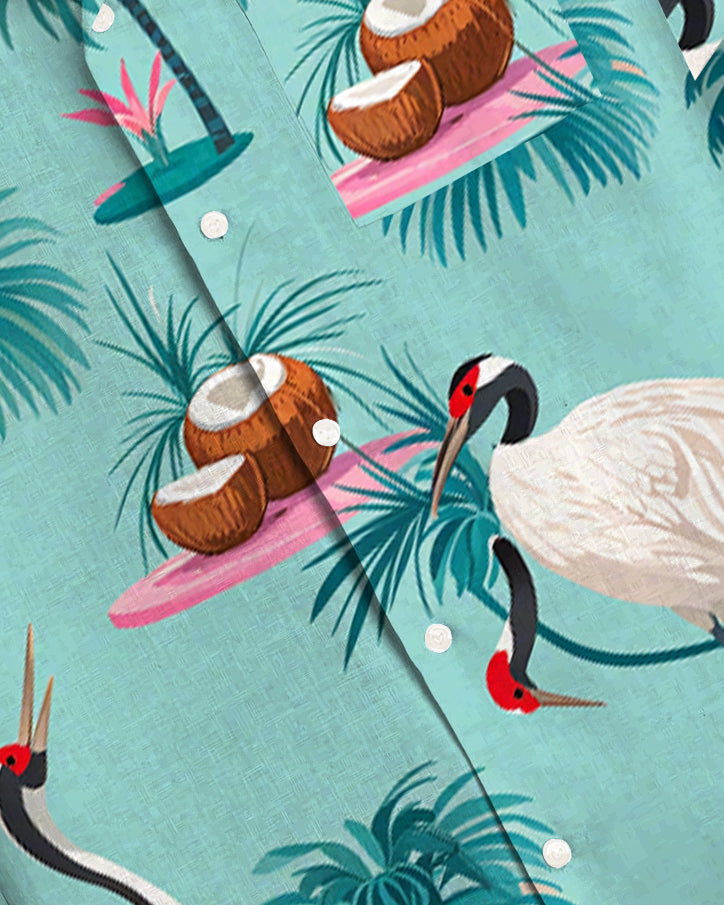 Men's Hawaiian Red-crowned Crane Coconut Print Short Sleeve Shirt