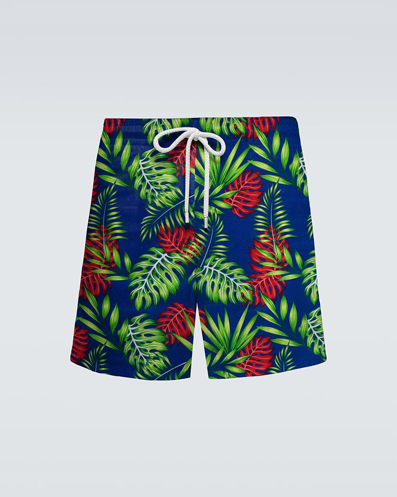 Hawaiian Royal Blue & Large Leaf Print Beach Quick-drying Trunks Swimming Trunks Plus Size Men