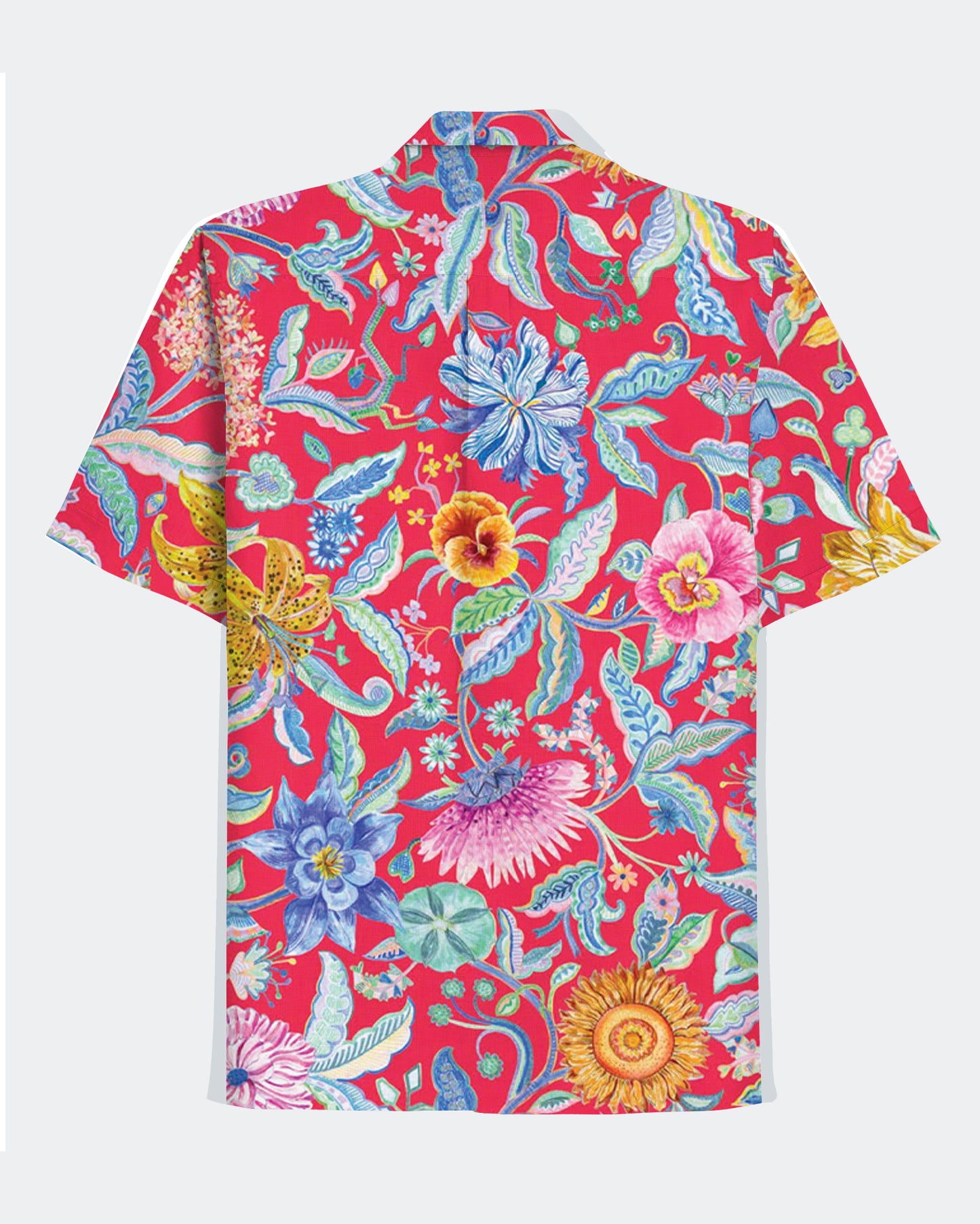 Hawaiian Casual Red Beautiful Garden Men's Plus Size Cuban Collar Short Sleeve Shirt