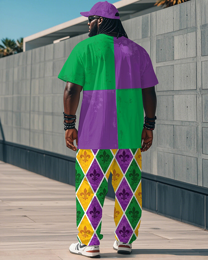 Men's Plus Size Orleans Mardi Gras Colorblock Print T-Shirt Trousers Suit