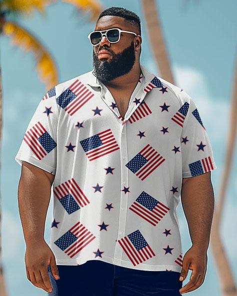 Men's Plus Size Summer Independence Day Flag Print Shirt Shorts Set