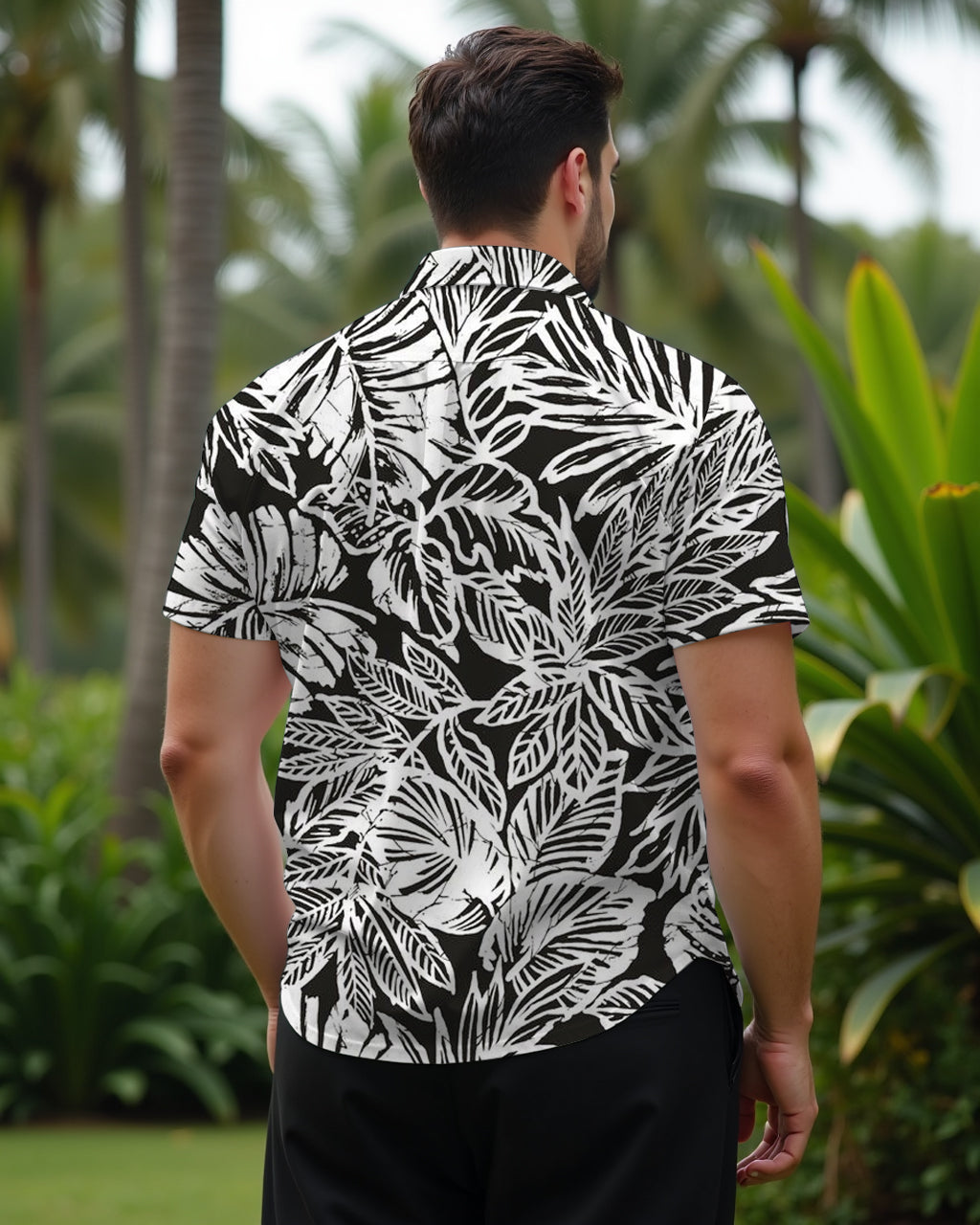 Hawaiian Casual Black Floral Monochrome Print Men's Plus Size Cuban Nocket Short Sleeve Shirt