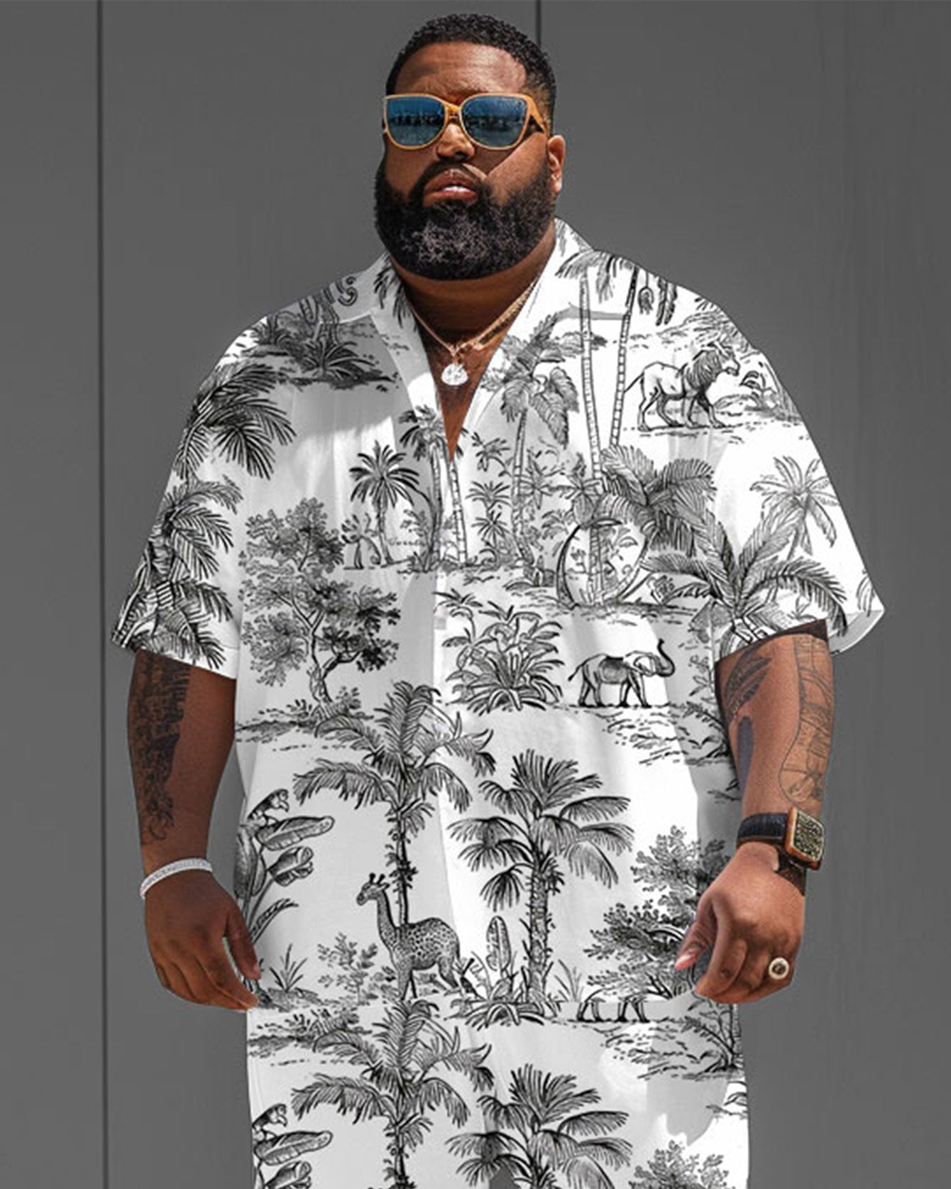 Men's Plus Size Street Fashion Nature Print Short Sleeve Shirt Shorts Suit