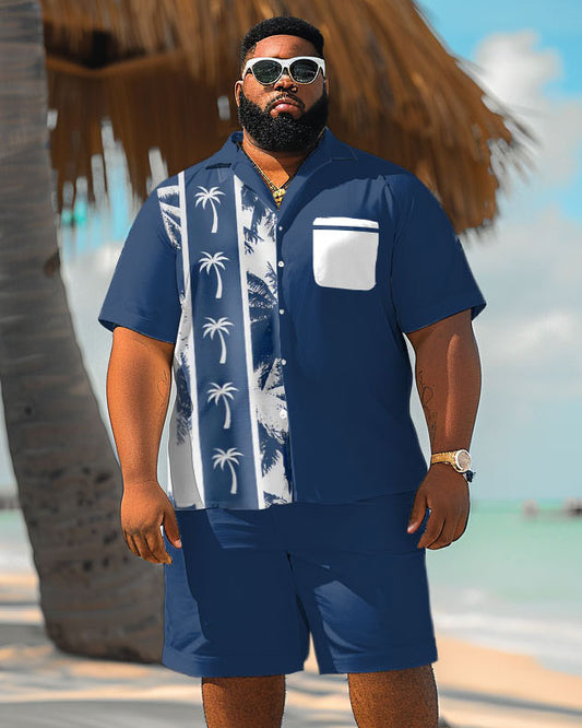 Men's Plus Size Hawaiian Colorblock Coconut Tree Print Pocket Shirt Shorts Suit