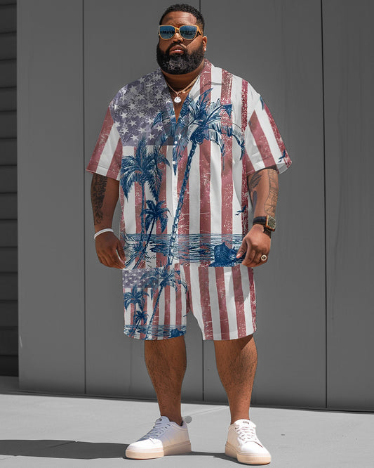 Men's Plus Size Vintage Comfortable American Flag Coconut Tree Print Short Sleeve Shirt Shorts Suit