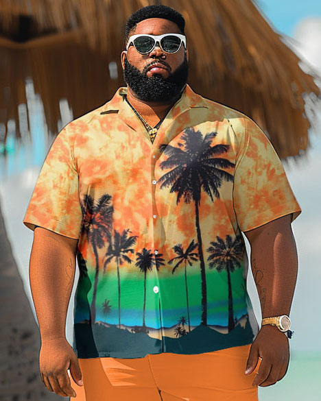 Men's Plus Size Hawaiian Sunset Coconut Tree Print Shirt Shorts Suit