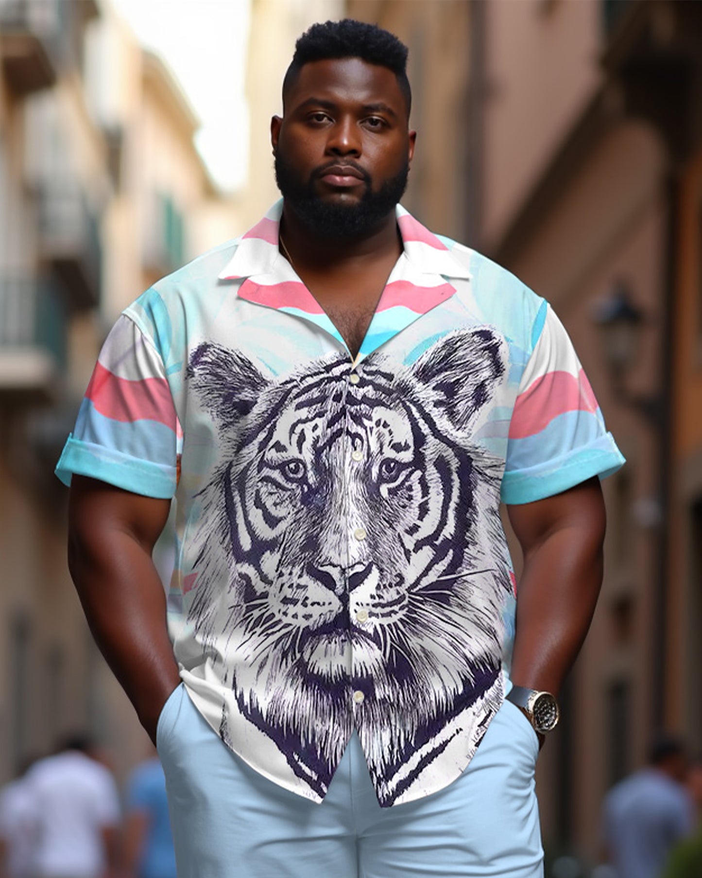 Men's Plus Size Cute Leopard Animal Print Casual Cuban Nearline Short Sleeve Shirt Shorts Suit