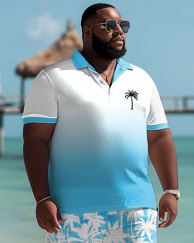 Men's Plus Size Hawaiian Gradient Coconut Tree Print Polo Shorts Suit